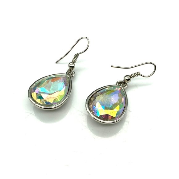 Bold Bright Teardrop Dangle Earrings, Faceted Crystal in Silver Tone Drop, Spark - Picture 2 of 6